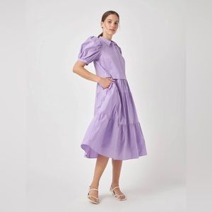 English Factory - Button Closure Puff Sleeve Midi Dress Purple / L